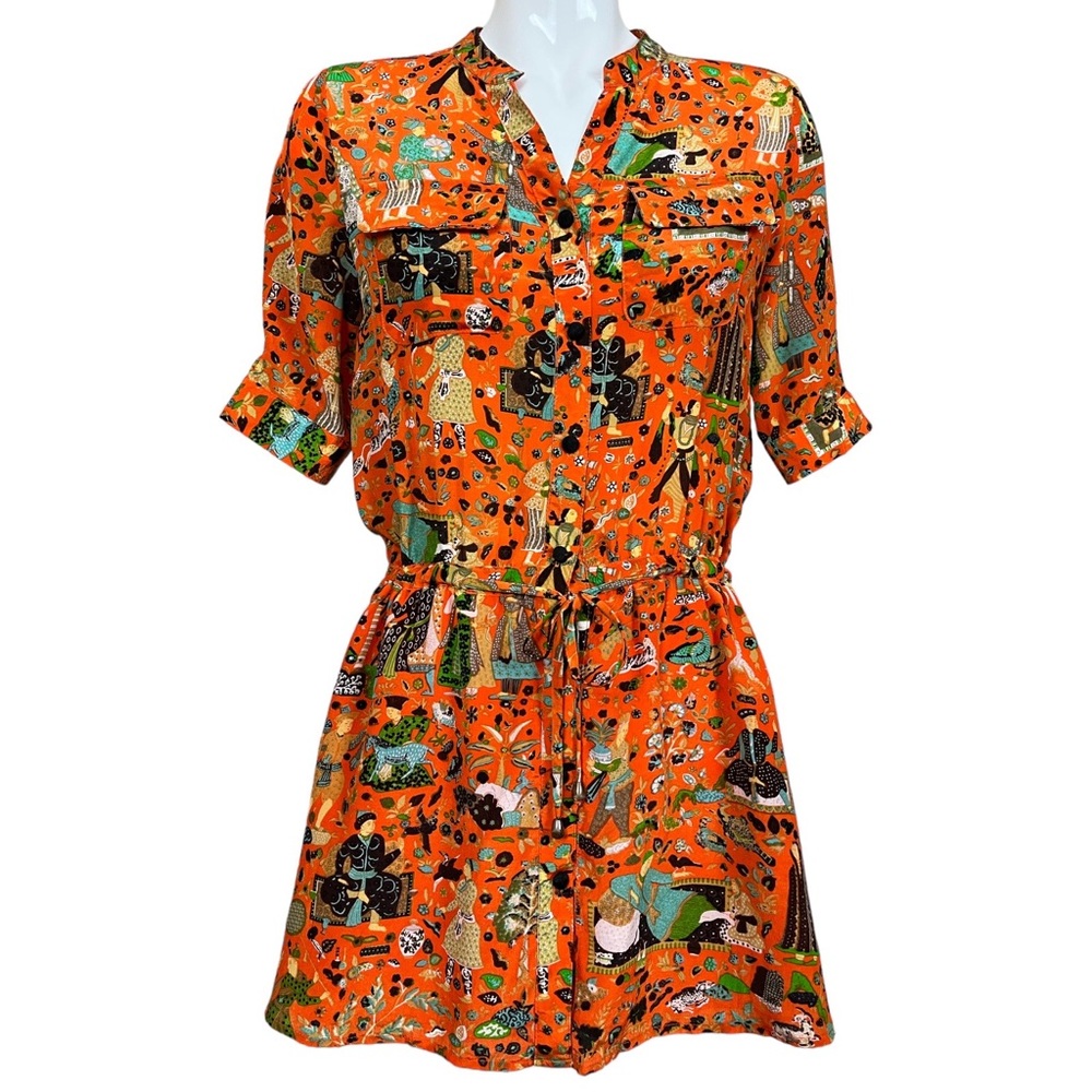 Japanese Label Somarta Orange 100% Silk Button Down Drawstring Waist Mini Dress